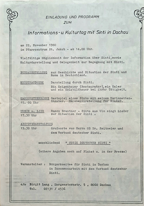 Programm des Informations- und Kulturtags mit Sinti in Dachau unter Beteiligung von Ranco Brantner, 1980 (Foto: DZOK Ulm, NL Brantner)